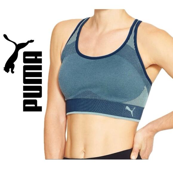PUMA SPORT BRA RACERBACK SZ SMALL BLUE/GRAY YOGA GYM ATHLEISURE VERSATILE - Picture 1 of 8